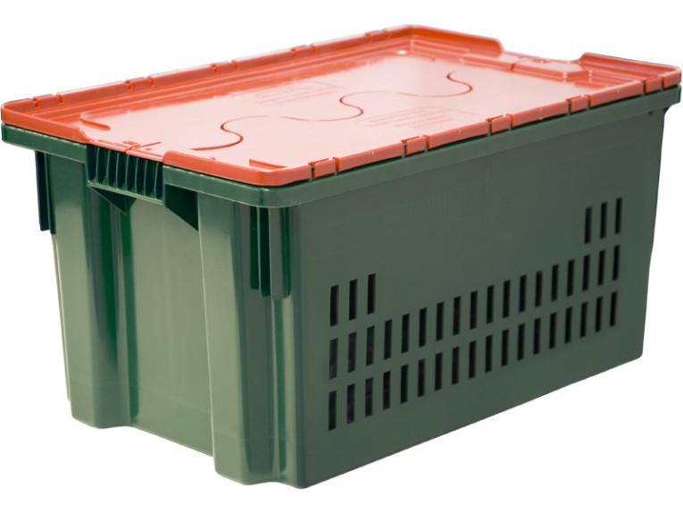 Ящик 600х400х300 дно сплошное, стенки перфорированные, Safe PRO цв. зелёный с оранжевой крышкой купить в Ставрополе